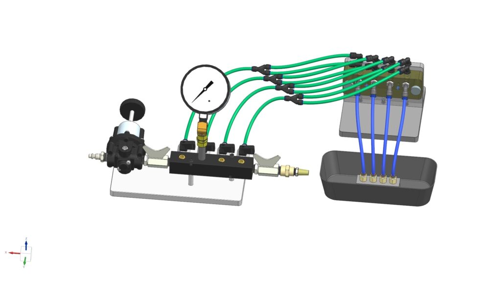 Fuel Nozzle spray pattern testing fixture featuring a gauge and a valve, illustrating key components and their functions.
