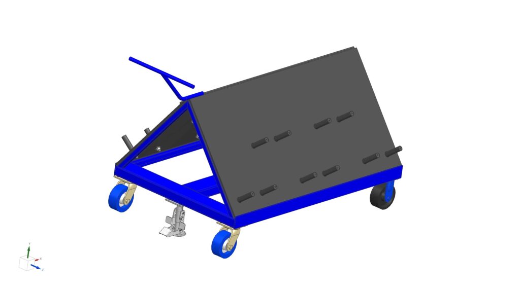 blue trolley featuring wheels and a sturdy metal plate, designed for easy transport and storage of various items.
