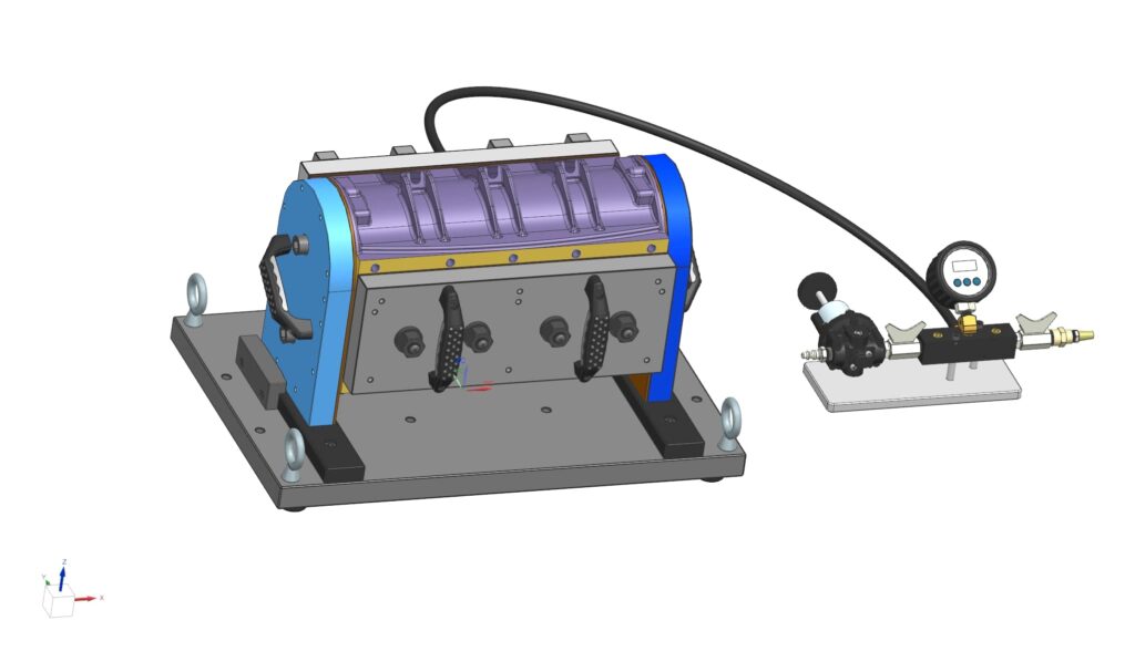 A 3D rendering of a machine featuring a prominent hose and additional hose components, showcasing intricate design details.