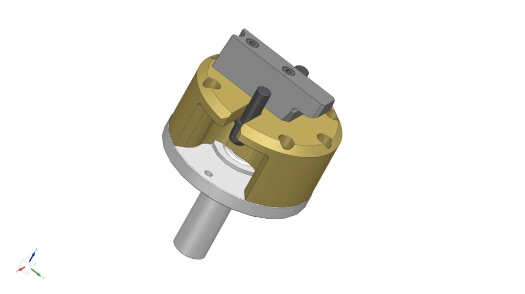 A 3D model of a metal valve featuring a small metal piece positioned on top, showcasing intricate design details.