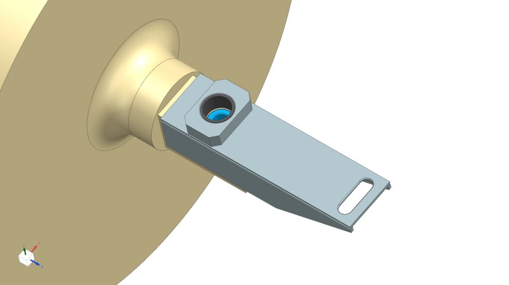 A 3D model of a metallic object featuring a blue handle, showcasing a sleek and modern design.