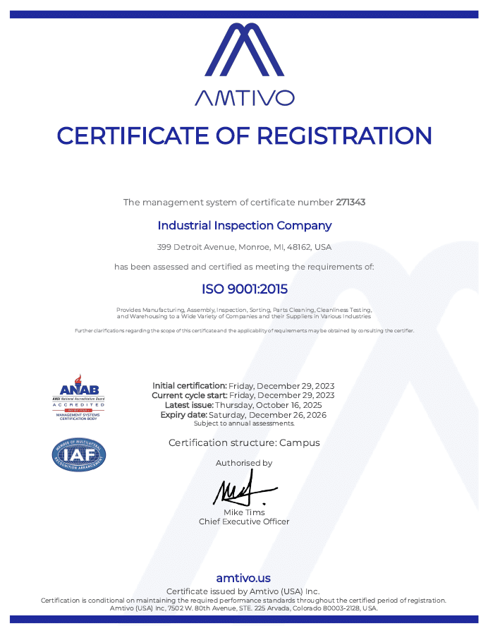 Industrial Inspection Company's ISO 9001:2015 Certification