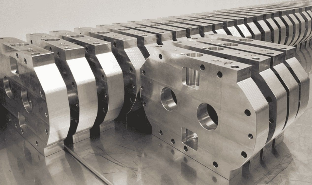 The image shows a series of identical, machined metal parts arranged in a row on a reflective surface. The parts appear to be precision-engineered components with multiple holes and cutouts, likely for mechanical or industrial use. The metal has a polished finish, and the parts are aligned in an orderly fashion.