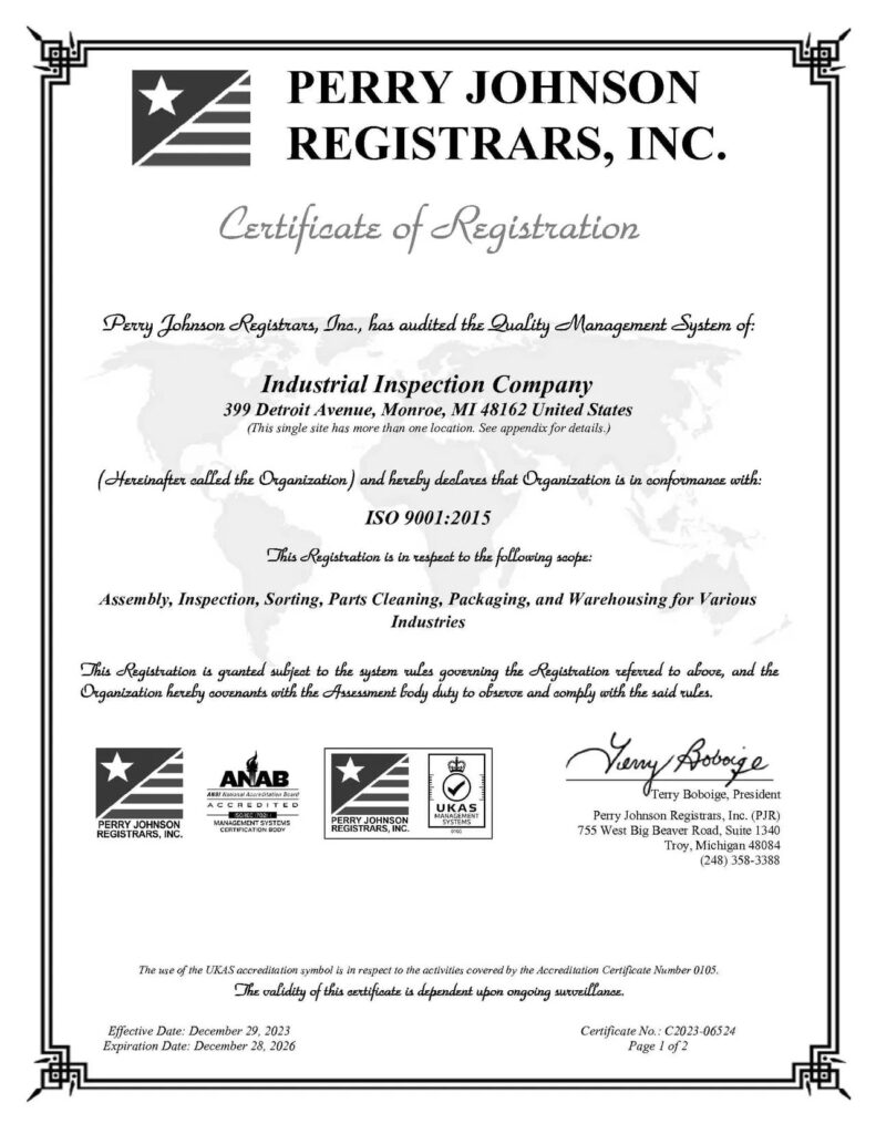Industrial Inspection Company's certificate of registration for ISO 9001:2015 approved by Perry Johnson Registrars known for its expertise in quality management certification.